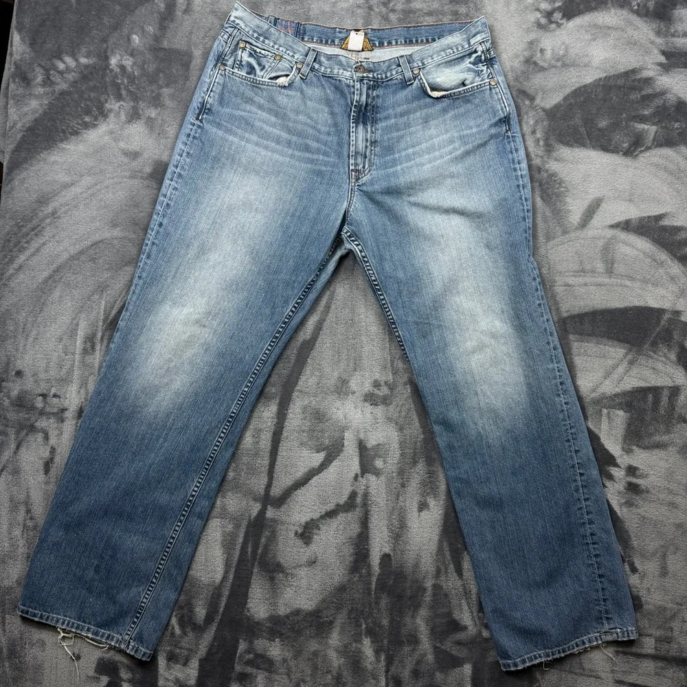 Lucky Brand Jeans Mens 38 Blue Straight Leg Medium Wash Distressed Made In USA